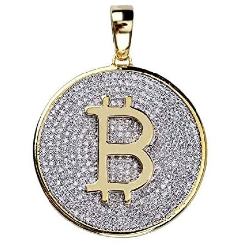 Fashion Hip Hop Charm Jewelry Iced Out Round Bitcoin Pendant Necklace Micro Paved Bling CZ Stones 24'' Gold Color Chain for Men Women