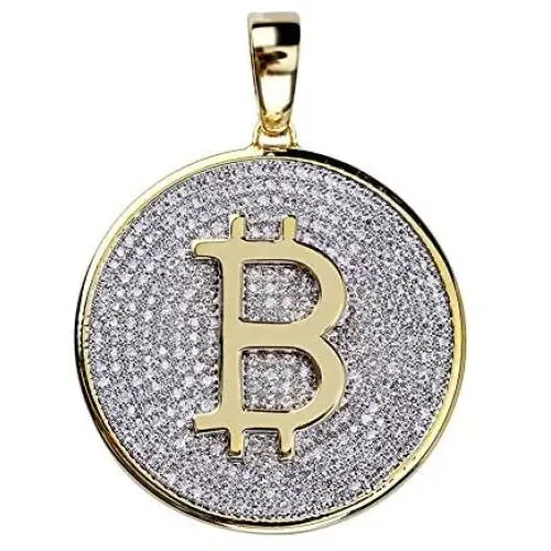 Fashion Hip Hop Charm Jewelry Iced Out Round Bitcoin Pendant Necklace Micro Paved Bling CZ Stones 24'' Gold Color Chain for Men Women Fashion Hip Hop Charm Jewelry Iced Out Round Bitcoin Pendant Necklace Micro Paved Bling CZ Stones 24'' Gold Color Chain for Men Women