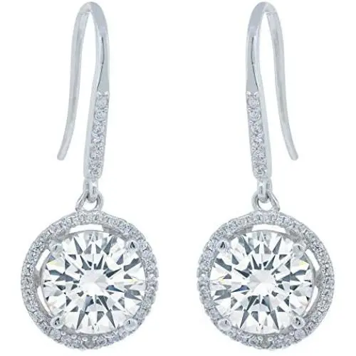 Robert Matthew Jade Silver Dangle Earrings, Pure .925 Sterling Silver with CZ Round Crystal, Dangling Earring Set, CZHalo Earrings, Christmas Jewelry