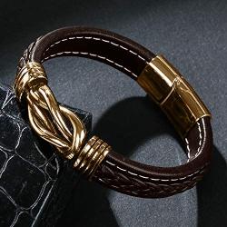 StarLight Mens Woven Leather Cuff Bracelet Fashion Stainless Steel Magnetic Buckle Wristband Punk Personality Bracelet