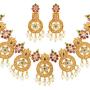 Aheli Beautiful Wedding Wear Indian Laxmi Goddess Faux Stone Studded Floral Design Crafted Necklace Earrings Set Ethnic Fashion Jewelry for Women