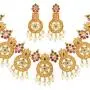 Aheli Beautiful Wedding Wear Indian Laxmi Goddess Faux Stone Studded Floral Design Crafted Necklace Earrings Set Ethnic Fashion Jewelry for Women