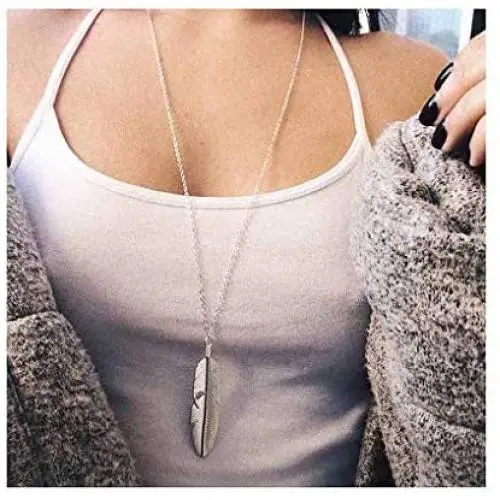 Yalice Boho Feather Pendant Necklace Chain Long Leaf Necklaces Jewelry for Women and Girls