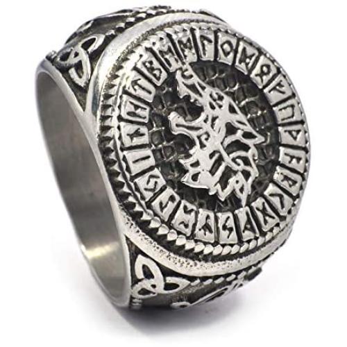 Gungneer Fenrir Wolf Odin Rune Circle Triquetra Celtic Stainless Steel Ring Men Women Norse Protection Jewelry