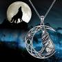 DAOSHANG 925 Sterling Silver Inspirational Oxidized Wolf Moon/Round Pendant Necklace for Women Wolf Jewelry Gifts for Men, 20” Chain
