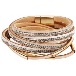 Emibele Layered Leather Bracelet, Rivet Leopard Print Bohemian Style Multilayer Wrap Bracelet, Handmade Agate Chakra Crystal Glass Beaded Shell Bracelet for Women