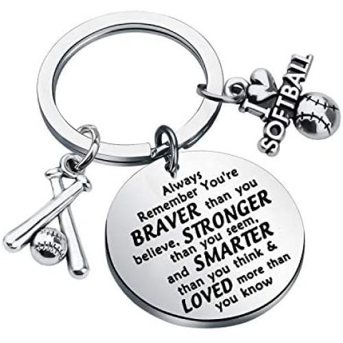 BAUNA Softball Keychain Softball Gift Always Remember You are Braver Than You Believe Keychain with Inspirational Quote for Softball Player Team Coaches
