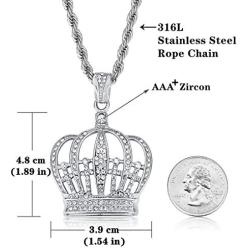 ROWIN&CO King Queen Royal Crown Necklace Silver Diamond-Cut Cubic Zirconia Charm Pendant, Hip Hop Jewelry, Rapper Chains for Men Women