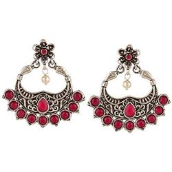 Efulgenz Boho Vintage Antique Gypsy Tribal Crystal Kundan Indian Oxidized Silver Chandbali Dangle Earrings Jewelry