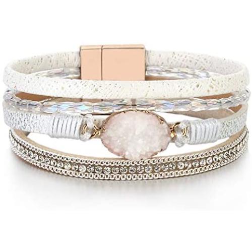 FANCY SHINY Leather Wrap Bracelet Boho Cuff Bracelets Crystal Bead Bracelet with Magnetic Clasp Jewelry Gifts for Women Teen Girls