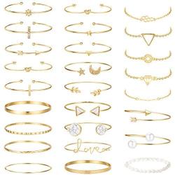 sailimue 26 Pcs Multiple Layered Stackable Bracelets for Women Open Cuff Wrap Bracelet Star Moon Pearl Leaf Arrow Love Knot Bracelets Adjustable Gold Bangle Bracelets Set