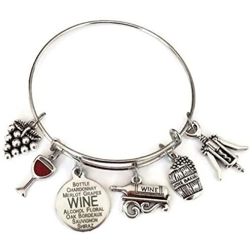 Kits Kiss Wine Bracelet, Wine Jewelry, Gift for Wine Lover, Wine Charm Bracelet, Grape, Red Wine Glass, Wine Opener, Wine Barrel, Wine Bottle, Wine Gift, Wine Bangle Bracelet