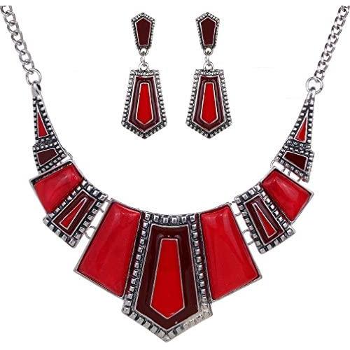 YAZILIND Vintage Ethnic Tibetan Silver Irregular Rhinestone Bib Collar Earrings Necklace Jewelry Set