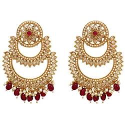 SANARA Indian Bollywood Exclusive Ruby Stone Pearl Trendy & Shiny for Wedding Outfit and Traditional Gatherings Earrings Set Jewelry
