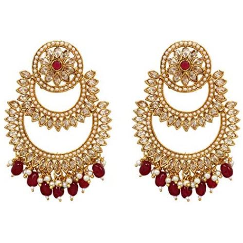 SANARA Indian Bollywood Exclusive Ruby Stone Pearl Trendy & Shiny for Wedding Outfit and Traditional Gatherings Earrings Set Jewelry