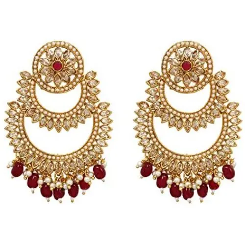SANARA Indian Bollywood Exclusive Ruby Stone Pearl Trendy & Shiny for Wedding Outfit and Traditional Gatherings Earrings Set Jewelry