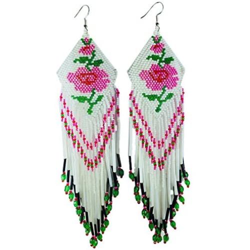 BeadsCorner Glass Beaded Extra Long Earrings Rose Design