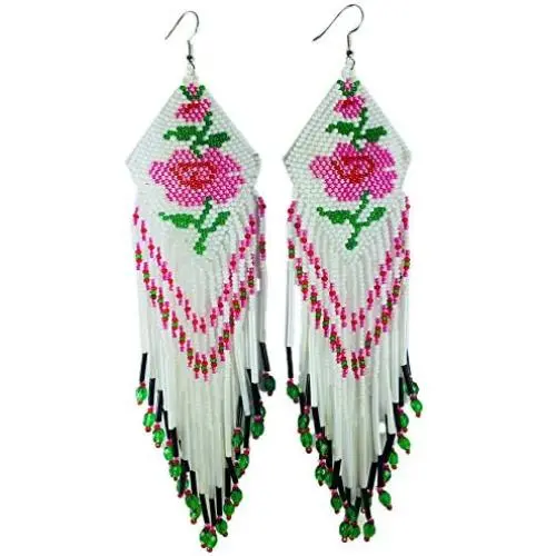 BeadsCorner Glass Beaded Extra Long Earrings Rose Design