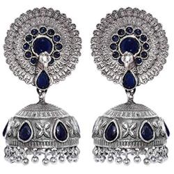 Aheli Antique Boho Oxidized Faux Blue Stone Studded Dangle Jhumki Jhumka Earrings Indian Wedding Bohemian Jewelry for Women