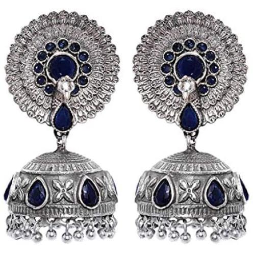 Aheli Antique Boho Oxidized Faux Blue Stone Studded Dangle Jhumki Jhumka Earrings Indian Wedding Bohemian Jewelry for Women