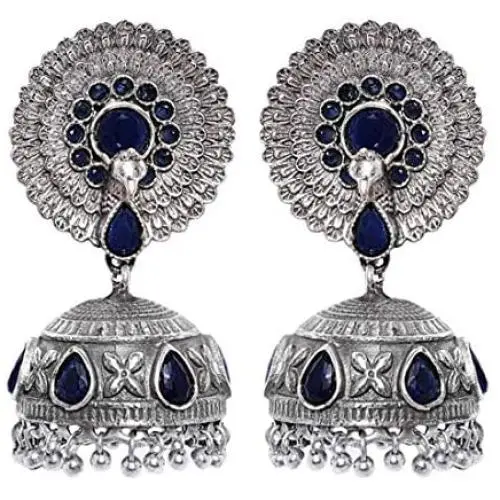 Aheli Antique Boho Oxidized Faux Blue Stone Studded Dangle Jhumki Jhumka Earrings Indian Wedding Bohemian Jewelry for Women Aheli Antique Boho Oxidized Faux Blue Stone Studded Dangle Jhumki Jhumka Earrings Indian Wedding Bohemian Jewelry for Women