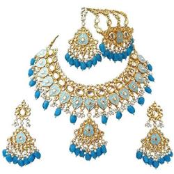 Finekraft Meena Kundan Bridal Wedding Designer Gold Plated Pearls Necklace Jewelry Set