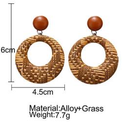 KaFu Woven Rattan Earrings Handmade Wicker Earrings Straw Knit Hoop Lightweight Bohemian Dangle Hoop Earrings Drop Dangle Geometric Statement Earrings for Women Girls (brown)