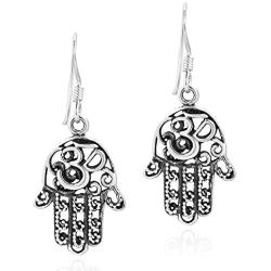 Hamsa Hand with Mystical Om or Aum Symbol .925 Sterling Silver Dangle Earrings