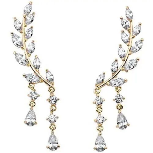 Gold Tone Marquise Cut and Pear Drop Crystal Ear Climber Drop Earrings (43x8mm)