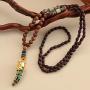Handcrafted Boho Wood Bead Necklace with Horn Shaped Metal Pendant Embedded Polymer Clay Jewelry, Long Tribal Ethnic Style