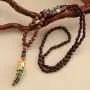 Handcrafted Boho Wood Bead Necklace with Horn Shaped Metal Pendant Embedded Polymer Clay Jewelry, Long Tribal Ethnic Style