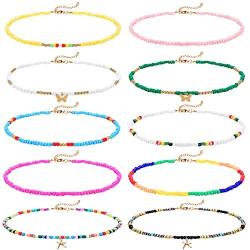 Sweet Bell 10 Pieces Seed Bead Choker Necklace for Women Hawaiian Beaded Choker Necklace Chain Jewelry Set Statement Adjustable Bead Necklace