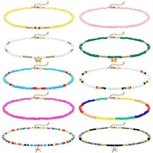 Sweet Bell 10 Pieces Seed Bead Choker Necklace for Women Hawaiian Beaded Choker Necklace Chain Jewelry Set Statement Adjustable Bead Necklace