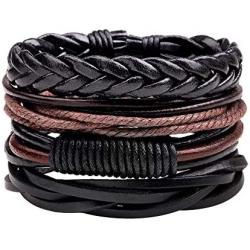 León Jewelry 4PCS Set Handmade Braided Leather Bracelet Unisex Women Men Cuff Bangle Adjustable Wristband Wrap