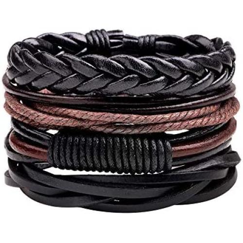 León Jewelry 4PCS Set Handmade Braided Leather Bracelet Unisex Women Men Cuff Bangle Adjustable Wristband Wrap