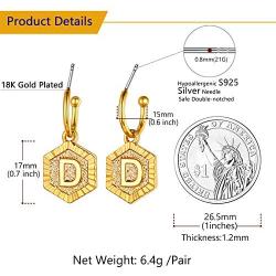 Women Girls Initial Earrings Sterling Silver Post 18K Gold Plated Open Huggie Hoop Earrings with Vintage Hexagon Embossed A-Z 26 Letters Drop Tiny Earrings, Name Style Jewelry,Christmas Gift for Lover