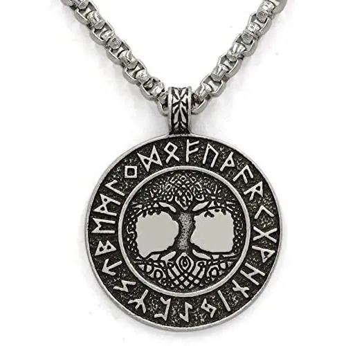 GuoShuang Norse Vikings Runes Amulet Pendant Necklace The Tree of Life Runes Pendant Necklace Nordic Talisman