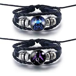 Couple Bracelets for women, 2pcs/sets 12 Constellation Snap Bracelet Men Weaving Bead Diy Leather Charm Bracelet Bangles Jewelry