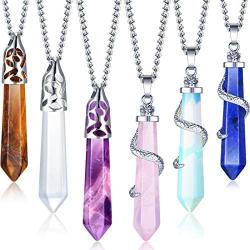 Yaomiao 6 Pieces Hexagonal Natural Crystal Quartz Healing Necklace Crystal Pendant Gemstones Jewelry with 26.8 Inches Stainless Steel Chain for Women Girls Ladies