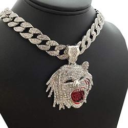 Hip Hop Half Man Half Beast Pendant & 18'' Full Iced Cuban Choker Chain Necklace