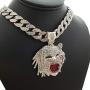 Hip Hop Half Man Half Beast Pendant & 18'' Full Iced Cuban Choker Chain Necklace