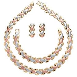 Palm Beach Jewelry Tri-Tone Goldtone Rosetone Silvertone Link Necklace Earring and Bracelet Set (14mm), Fold Over Clasp, 17 inches