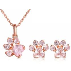 Ztuo Rose Gold Tone Pink Rhinestone Paw Print Pendant Necklace Earrings Jewelry Set for Dog Lovers