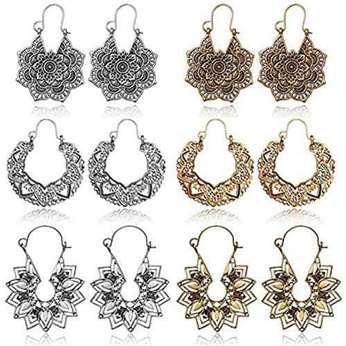 6 Pairs Vintage Mandala Flower Gypsy Drop Dangle Statement Earrings for Women Boho Retro Tribal Hollow Earrings Jewelry Set