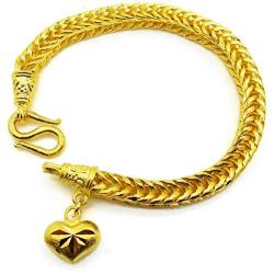 Braid Gorgeous Heart Charm Thai Baht Yellow Gold Plated Filled Bangle 23k 24k Bracelet Jewelry 7 inch
