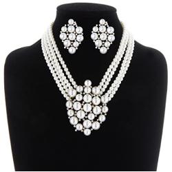 SP Sophia Collection Simulated Floral Pearl Blossom Multi Strand Necklace and Earring Set, Clip On Earring 2 Set