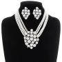 SP Sophia Collection Simulated Floral Pearl Blossom Multi Strand Necklace and Earring Set, Clip On Earring 2 Set