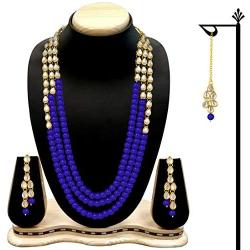 Aheli Classy Bollywood Party Wedding Kundan and Colour Beads Necklace Earrings with Maang Tikka Set Indian Traditional Ethnic Fashion Jewelry for Women