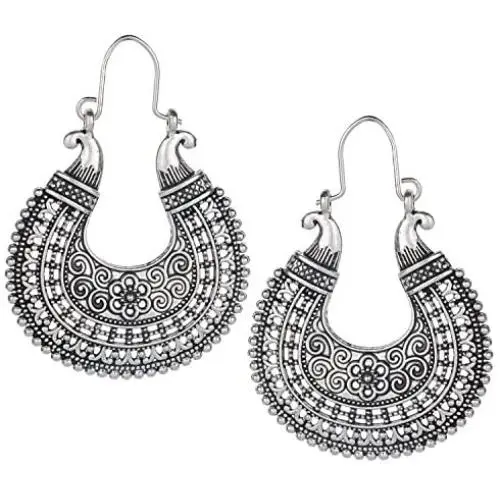 Efulgenz Oxidized Silver Hoops Boho Vintage Retro Tribal Tibetan Gypsy Dangle Indian Bollywood Ethnic Earrings Love Gift