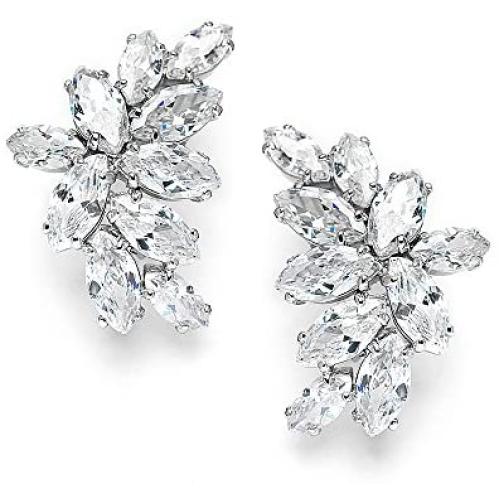 Mariell Cubic Zirconia Marquis-Cut Graceful Curved Cluster Bridal Wedding Earrings - Platinum Plated